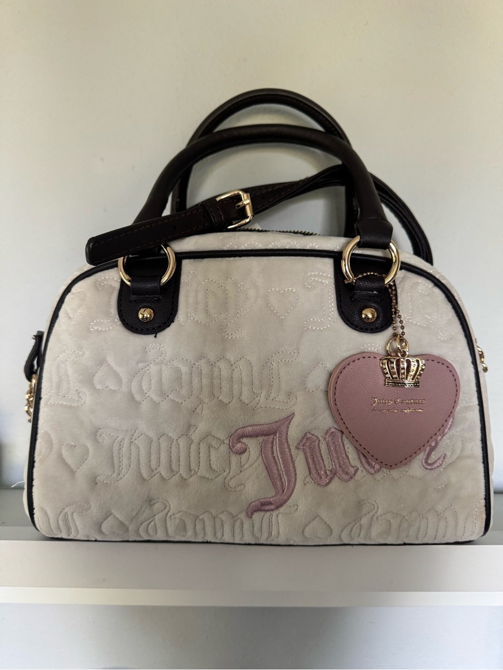 Juicy Couture Cream Satchel with Pink Heart Charm & Dark Brown Trim